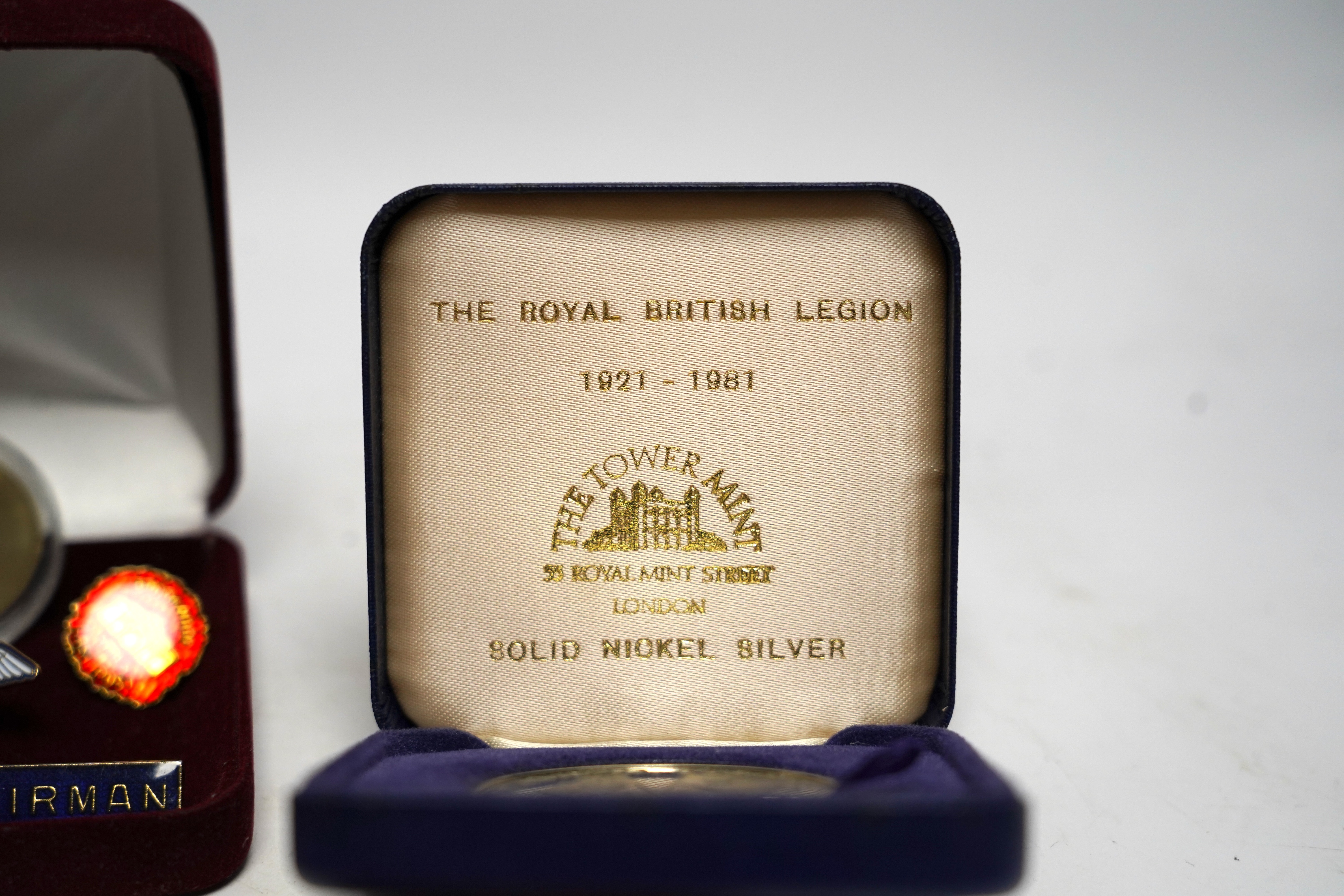 Royal British Legion interest, a Geoffrey Holden silver and enamel President's badge, silver medallions and sundries.